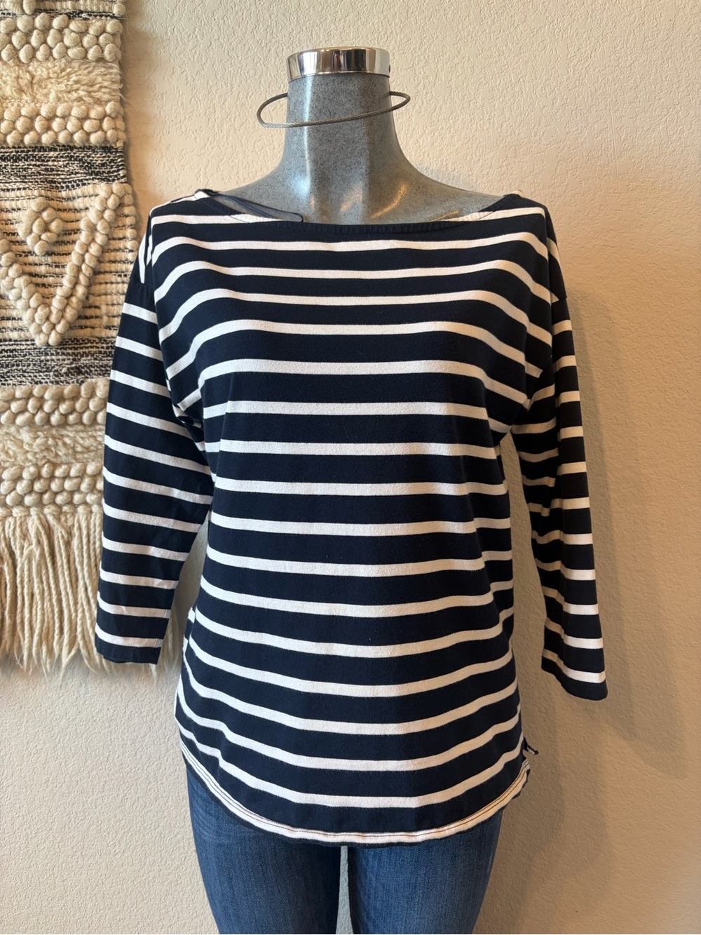 Banana Republic Navy and White Striped Boatneck Long Sleeve Tee